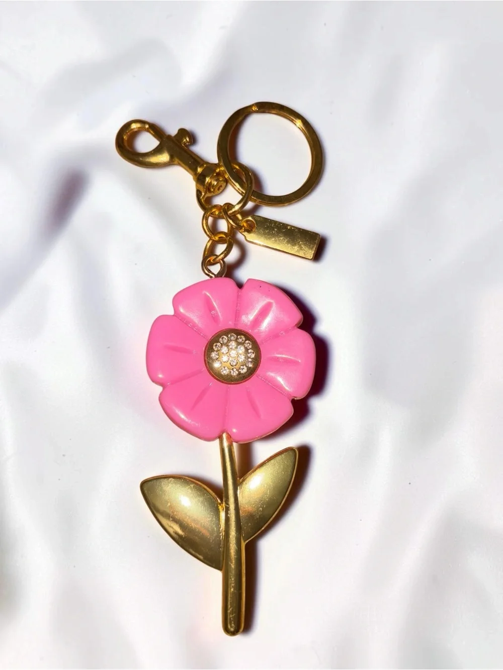 Pink Flower Keychain with Gold Accents